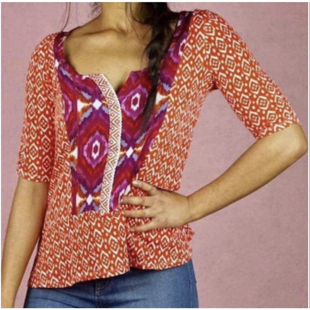 AKEMI + KIN Orange Ikat Geometric 3/4 Sleeve Blouse